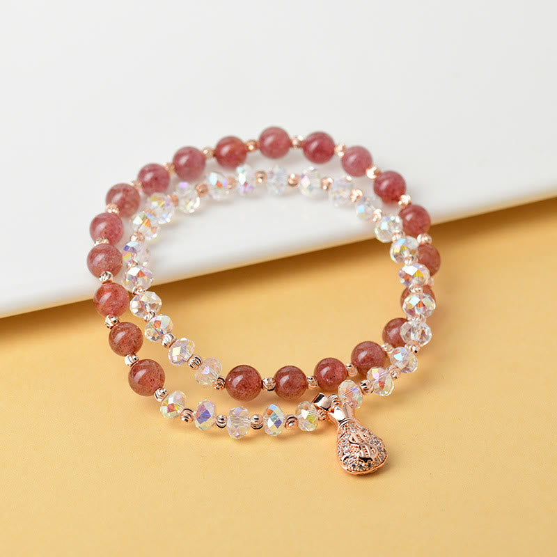 Buddha Stones Strawberry Quartz White Crystal Money Bag Charm Positive Bracelet