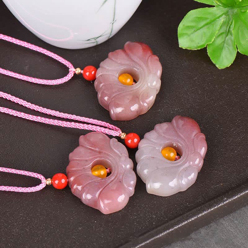 Pink Golden Silk Jade Lotus Flower Wealth Necklace Pendant - image 6
