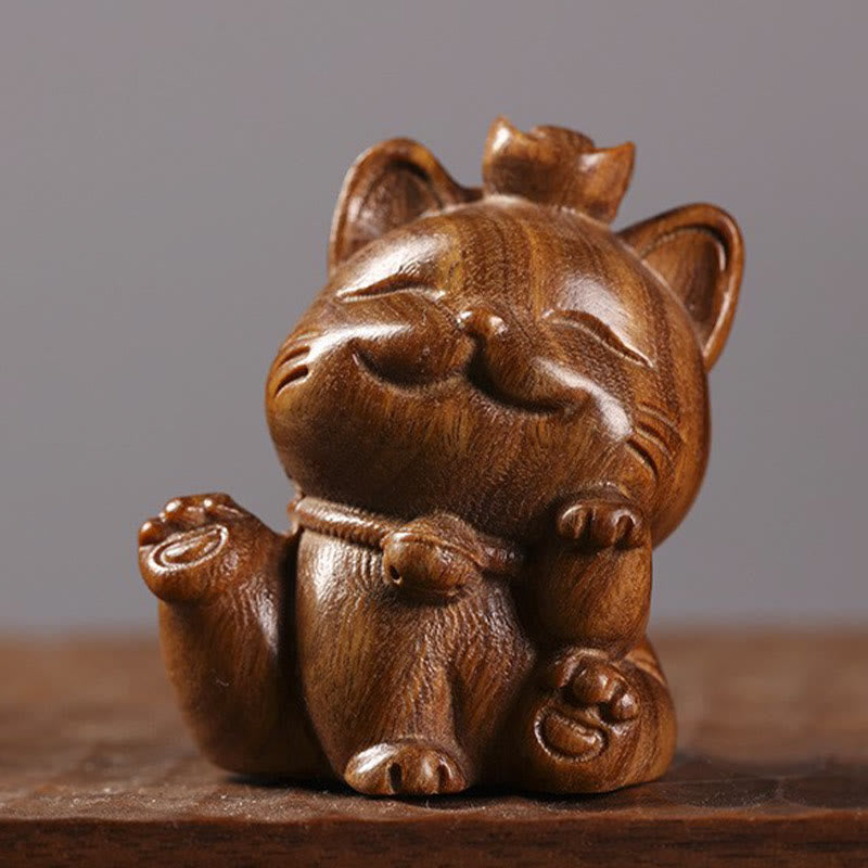Buddha Stones Mini Green Sandalwood Ingot Lucky Cat Carved Peace Desk Decorations - image 2