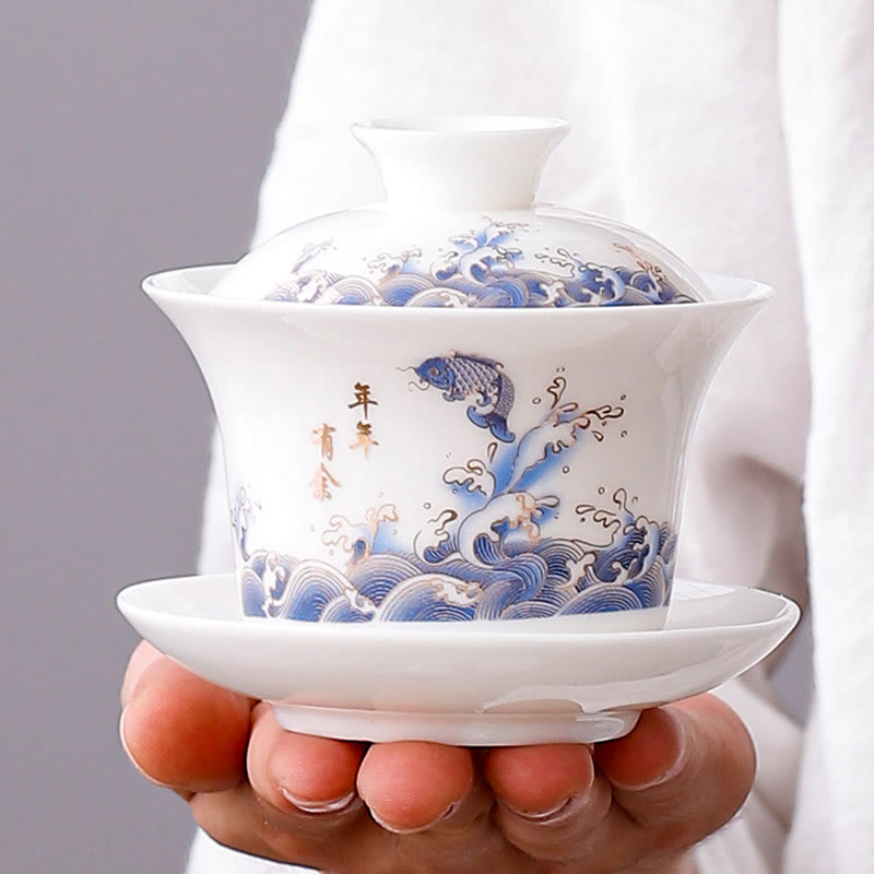 Buddha Stones White Porcelain Mountain Landscape Countryside Ceramic Gaiwan Teacup Kung Fu Tea Cup And Saucer With Lid