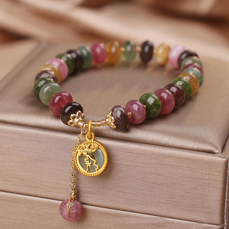 Buddha Stones Colorful Tourmaline Cute Flower Rabbit Charm Love Bracelet