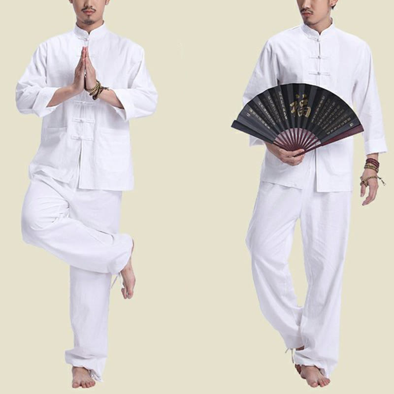 Buddha Stones Chinese Frog Button Design Meditation Prayer Cotton Linen Spiritual Zen Practice Yoga Clothing Men's Set