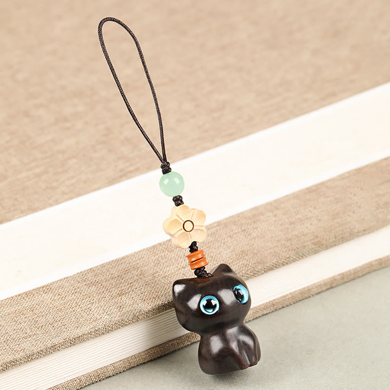 Buddha Stones Mini Small Leaf Red Sandalwood Ebony Wood Lucky Cat Lovely Kitty Peace Key Chain Phone Hanging Decoration - Phone Hanging Decoration - Ebony Cat - image 14