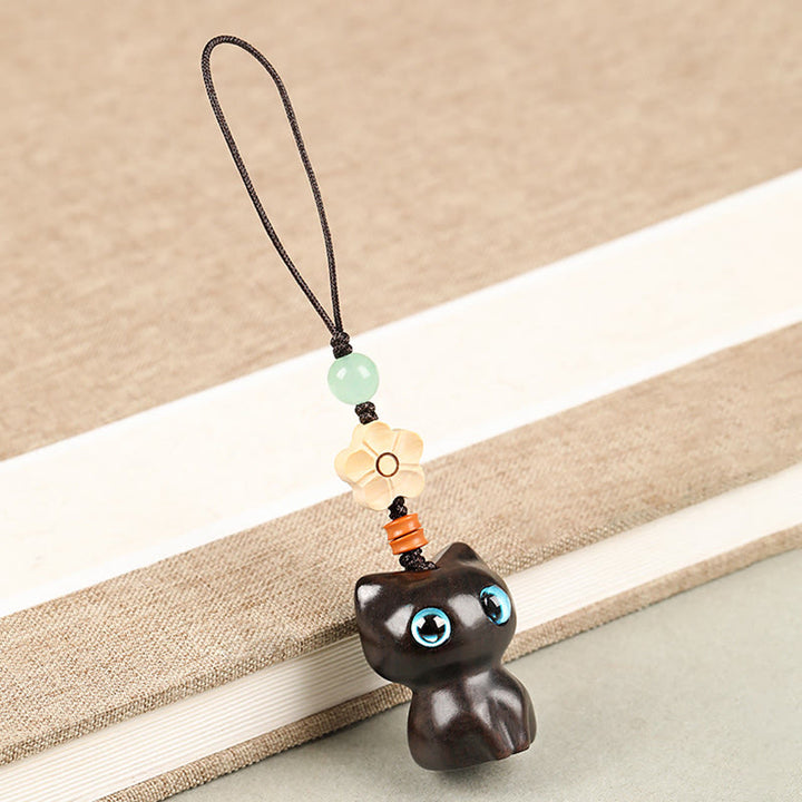 Buddha Stones Mini Small Leaf Red Sandalwood Ebony Wood Lucky Cat Lovely Kitty Peace Key Chain Phone Hanging Decoration - Phone Hanging Decoration - Ebony Cat - image 14