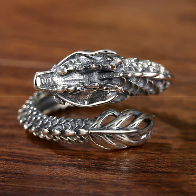 Buddha Stones 925 Sterling Silver Vintage Dragon Success Protection Strength Adjustable Ring