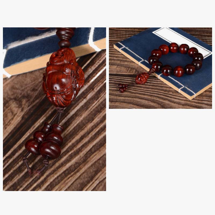 Buddha Stones Small Leaf Red Sandalwood Laughing Buddha God of Wealth Protection Bracelet