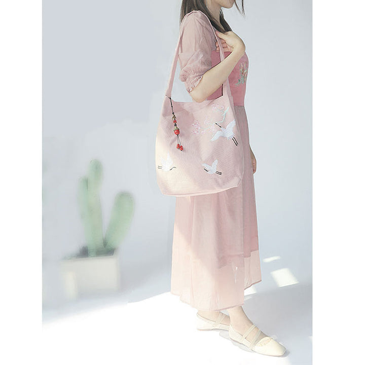 Flower Crane Plum Blossom Embroidery Canvas Large Capacity Shoulder Bag Tote Bag