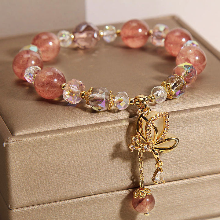 Buddha Stones Natural Strawberry Quartz Healing Positive Butterfly Charm Bracelet