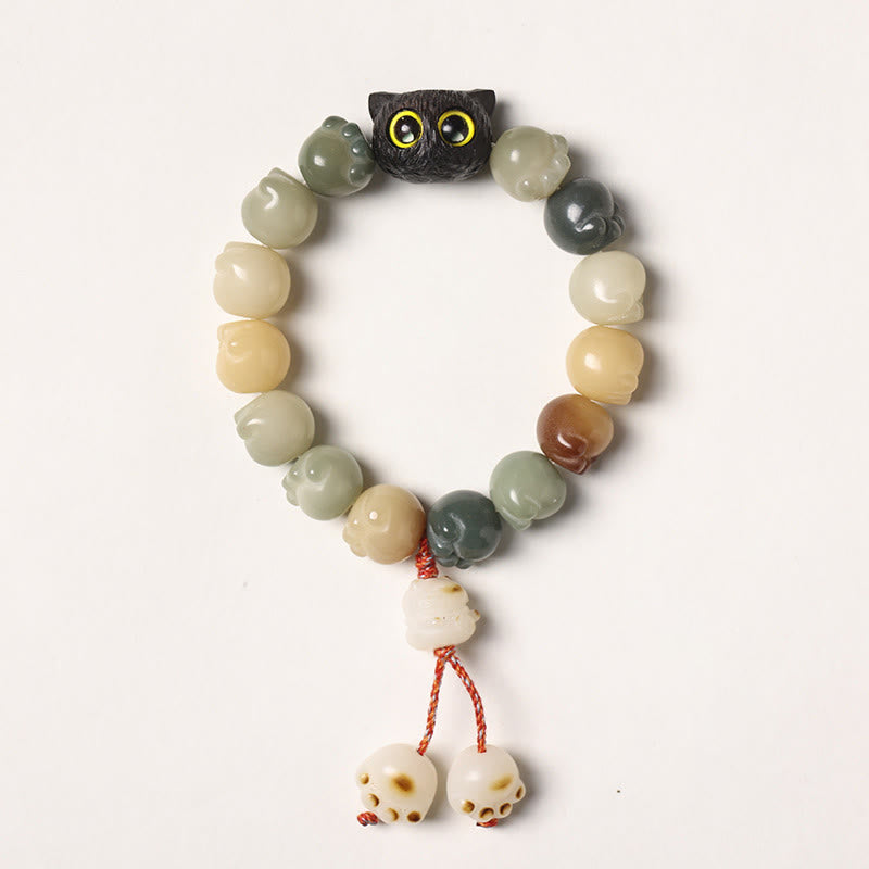 Buddha Stones Natural Bodhi Seed Lovely Paw Ebony Wood Lucky Cat Wisdom Bracelet - Multicolored Bodhi Seed - Tassel Version(Wrist Circumference 14-15cm) - image 7