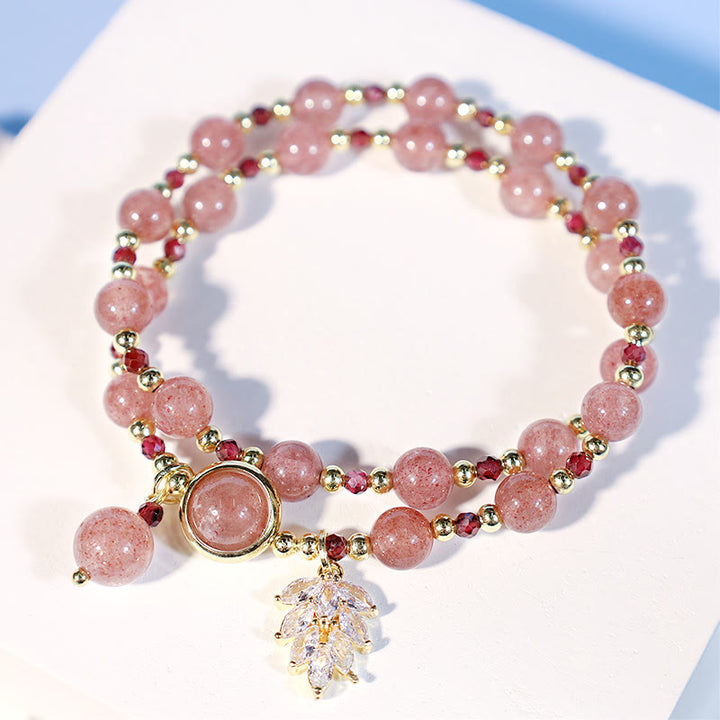 Natural Strawberry Quartz Love Healing Maple Leaf Charm Double Wrap Bracelet