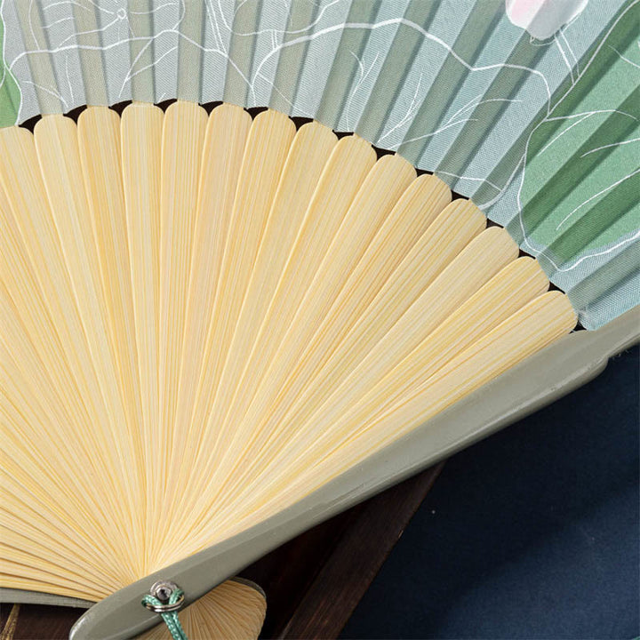 Buddha Stones Lotus Begonia Flower Jasmine Handheld Silk Bamboo Folding Fan 21cm