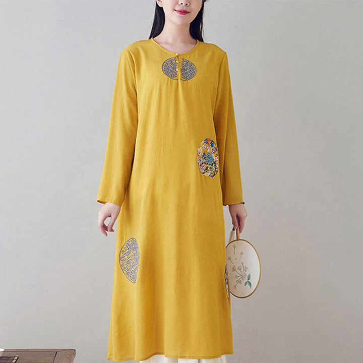 Buddha Stones Embroidery Long Sleeve Midi Dress Meditation Spiritual Zen Practice