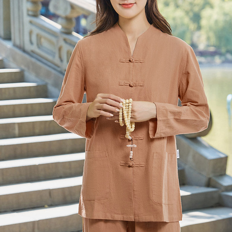 Spiritual Zen Practice Yoga Meditation Prayer Uniform Cotton Linen Clothing Women's Set - SandyBrown - US18，UK/AU22，EU50 (6XL) - image 11