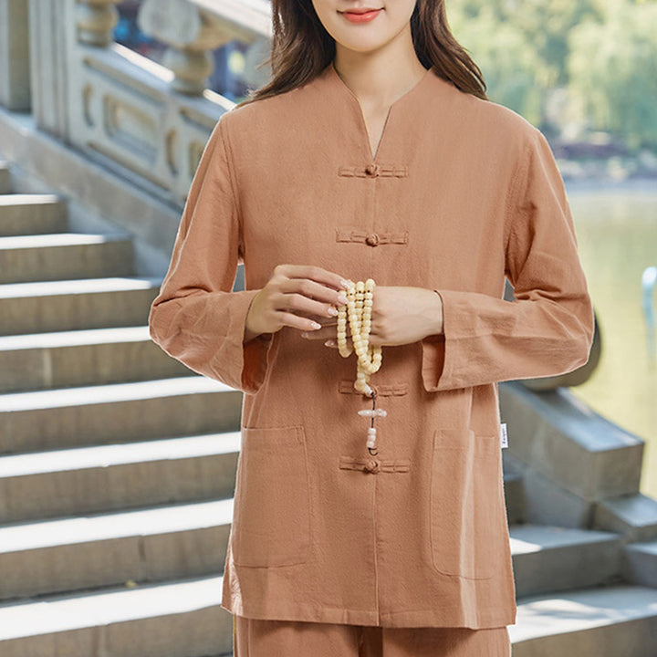 Spiritual Zen Practice Yoga Meditation Prayer Uniform Cotton Linen Clothing Women's Set - SandyBrown - US18，UK/AU22，EU50 (6XL) - image 11