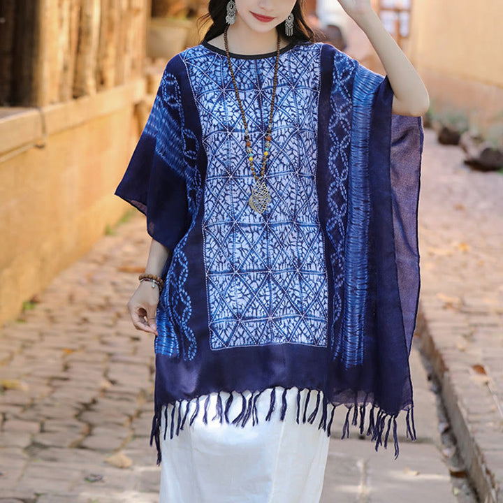 Buddha Stones Blue Stripe Geometry Indigo Dyeing Shawl Tassels Travel Pullover 90*95cm