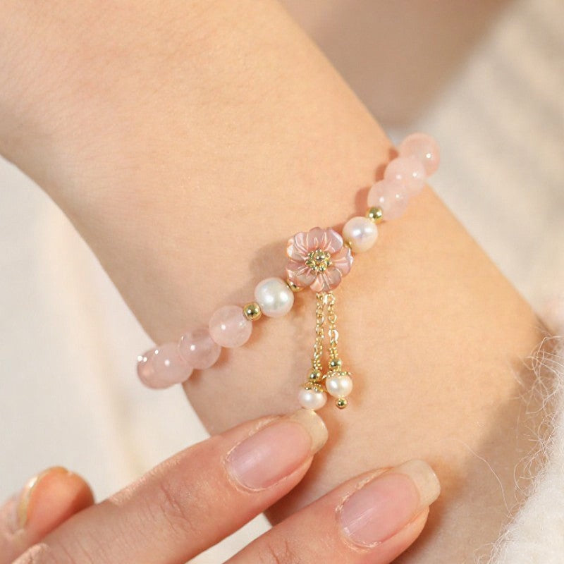 Buddha Stones Rose Quartz Pearl Flower Charm Love Bracelet - image 11