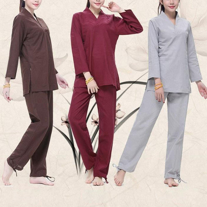 Buddha Stones Zen Practice Yoga Meditation Prayer V-neck Design Uniform Cotton Linen Clothing Women's Set - image 15
