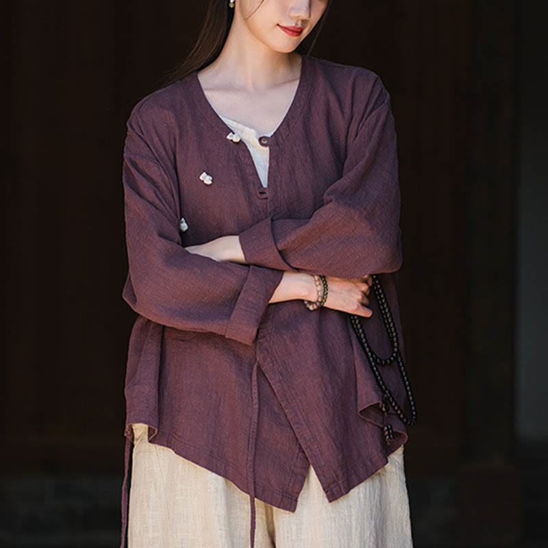 Buddha Stones Solid Color Ramie Linen Loose Blouse Long Sleeve Shirt Chinese Hanfu Top