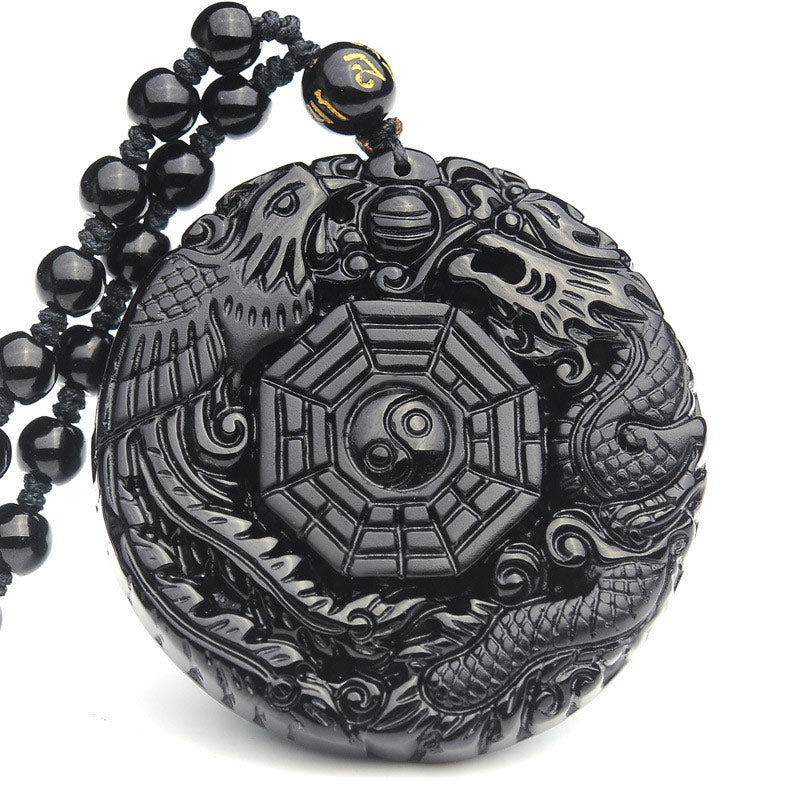 Buddha Stones Bagua Dragon Phoenix Obsidian Fulfilment Pendant Necklace - Obsidian - image 1