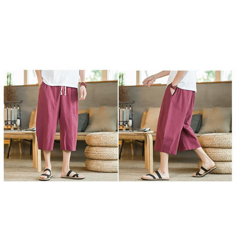 Buddha Stones Solid Color Mid-length Linen Men's Wide Leg Pants With Pockets