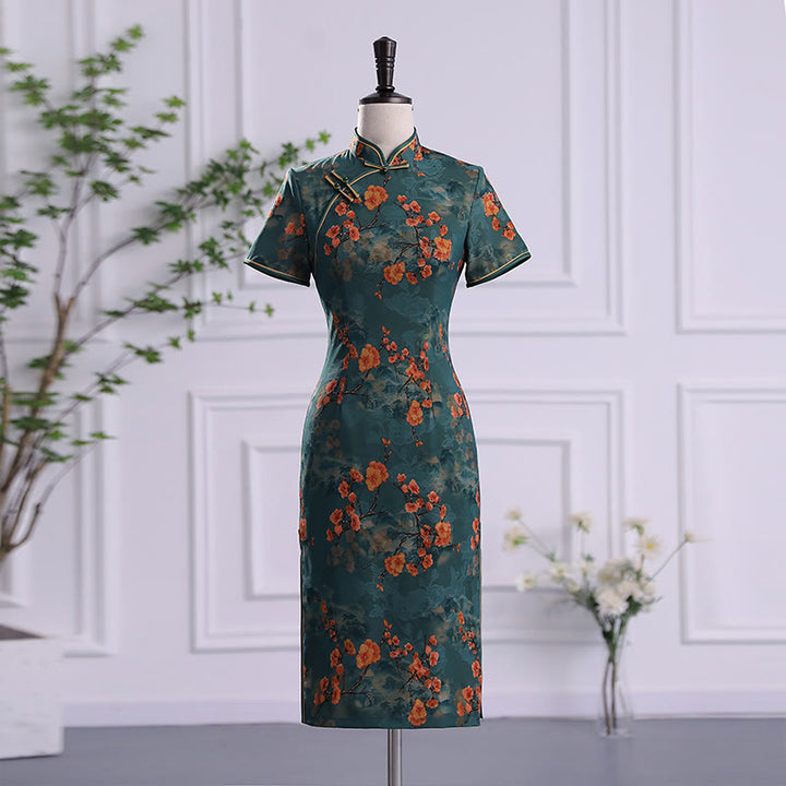 Buddha Stones Retro Flower Lotus Peony Feather Print Qipao Dress Women's Cheongsam Dress - Green Flower - US16，UK/AU20，EU48 (5XL) - image 0