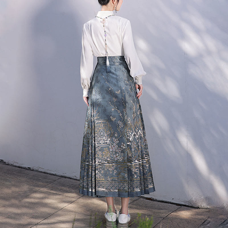 Buddha Stones Chinese Hanfu Blue Patio Plum Blossoms Printed Horse Face Skirt Mamianqun