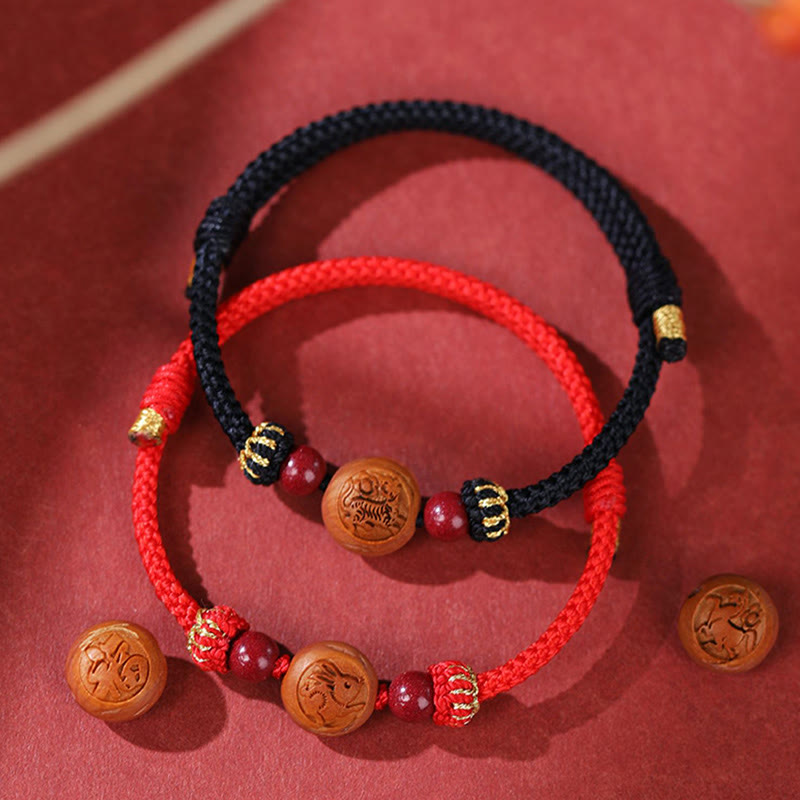 Buddha Stones Natural Peach Wood Chinese Zodiac Fu Character Carved Cinnabar Wealth Bracelet - image 0