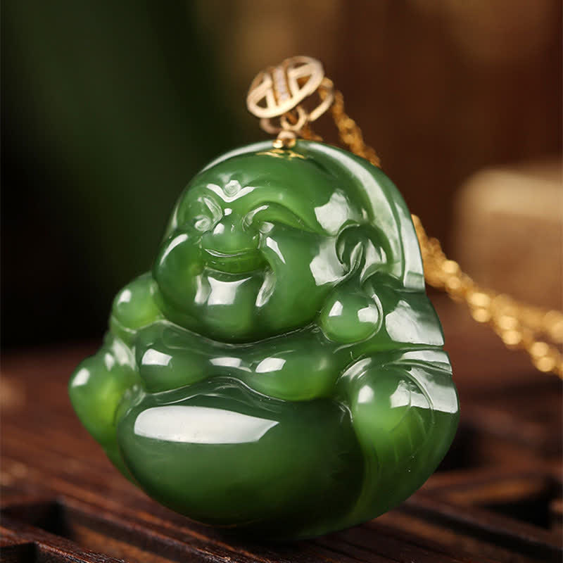 925 Sterling Silver Laughing Buddha Hetian Cyan Jade 18K Gold Success Necklace Chain Pendant - image 6