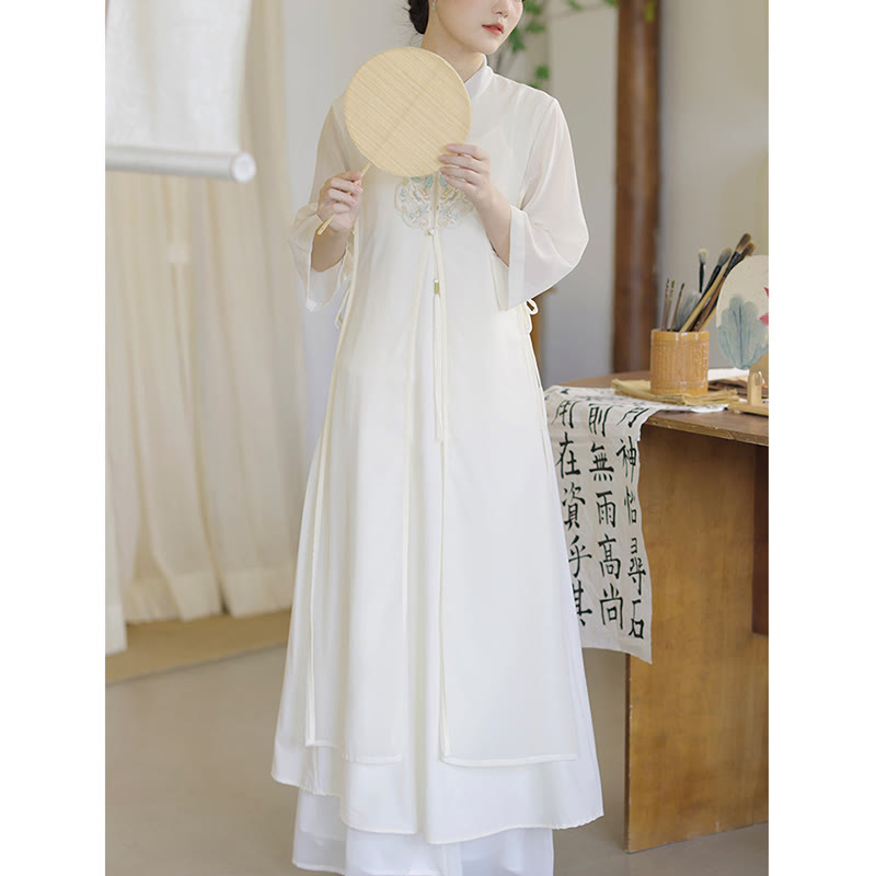 Buddha Stones Embroidery Chiffon Cheongsam Midi Dress Wide Leg Pants Meditation Zen Practice Clothing