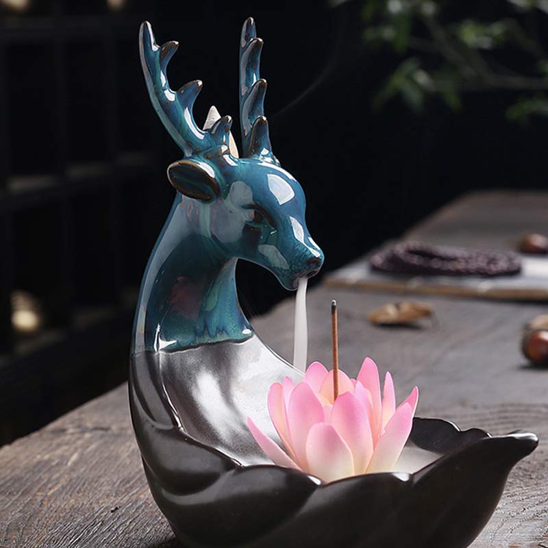 Buddha Stones Little Deer Ceramic Lotus Meditation Incense Burner Decoration - image 1