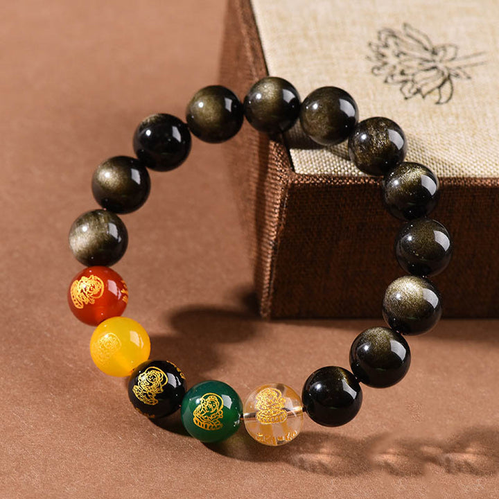 Buddha Stones Gold Sheen Obsidian Rainbow Obsidian Black Obsidian Five Directions Gods of Wealth Bracelet