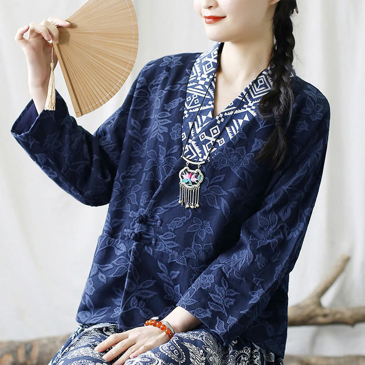 Buddha Stones Flower Jacquard V-Neck Long Sleeve Jacket