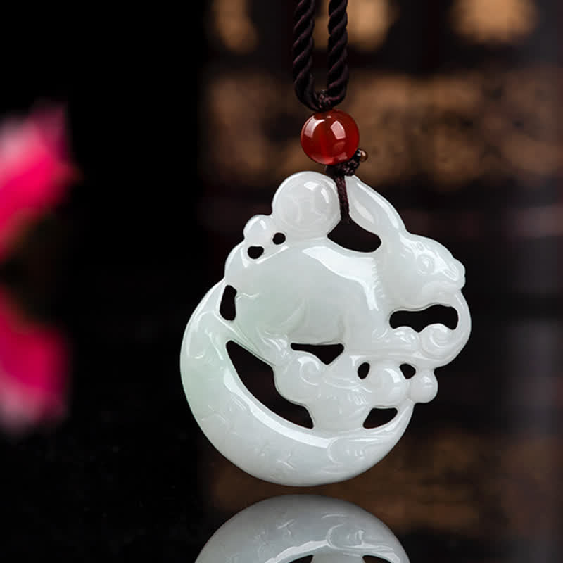 Year of the Rabbit White Jade Crescent Moon Protection Necklace Pendant