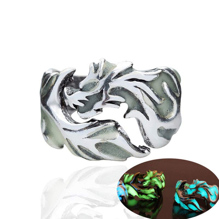 Buddha Stones Vintage Luminous Dragon Protection Strength Glow In The Dark Finger Ring