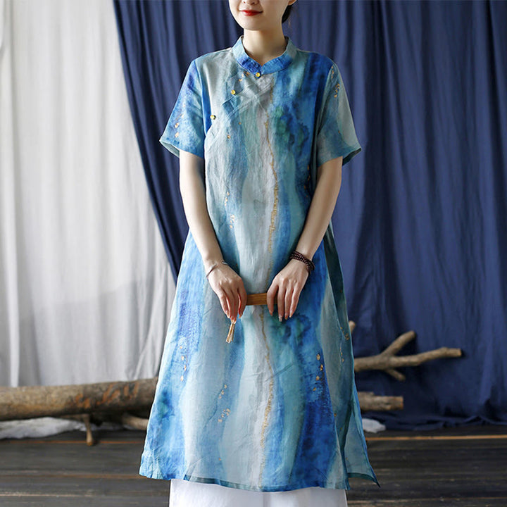 Buddha Stones Ramie Blue Digital Printing Cheongsam Dresses Short Sleeve Linen Dress