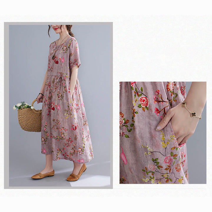 Buddha Stones Flowers Print Midi Dress Cotton Linen Tunic Dress With Pockets