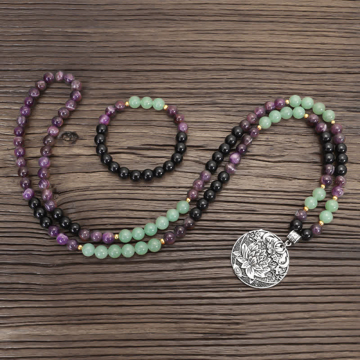 Buddha Stones 108 Mala Beads Amethyst Green Aventurine Lotus Meditation Bracelet - image 12