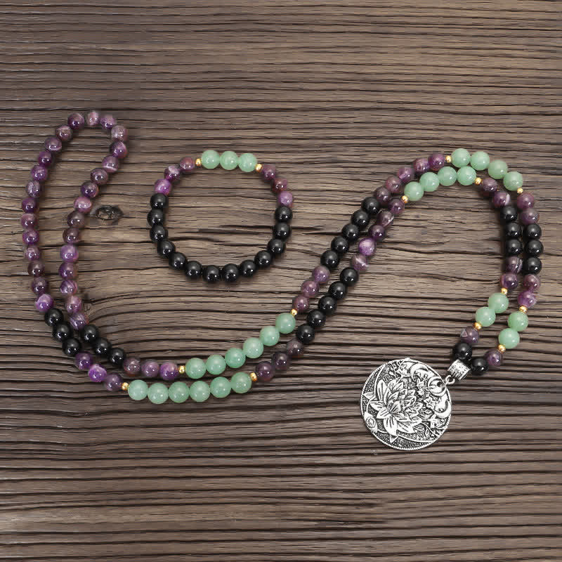 Buddha Stones 108 Mala Beads Amethyst Green Aventurine Lotus Meditation Bracelet - image 10