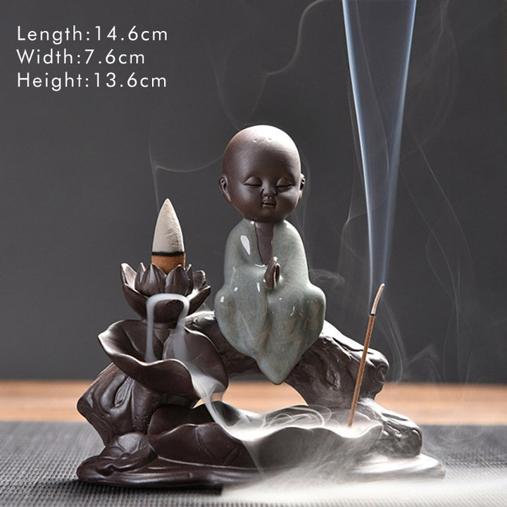 Buddha Stones Little Monk Ceramic Lotus Blessing Incense Burner Decoration - Prayer Little Monk - image 11