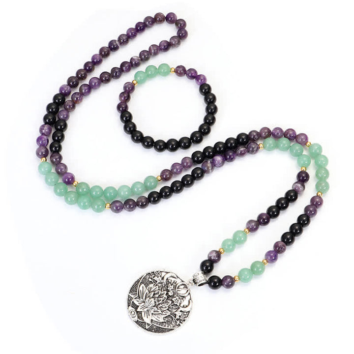 Buddha Stones 108 Mala Beads Amethyst Green Aventurine Lotus Meditation Bracelet - image 14