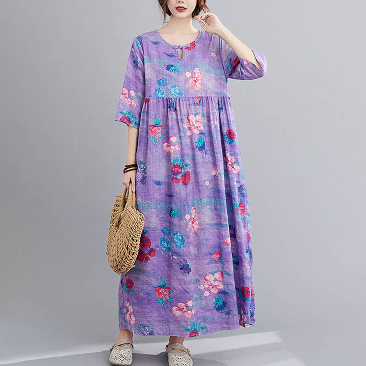 Buddha Stones Flowers Print Midi Dress Cotton Linen Tunic Dress With Pockets