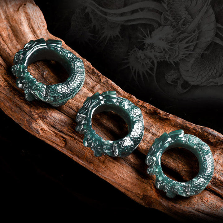 Buddha Stones Natural Cyan Jade Dragon Carved Success Ring