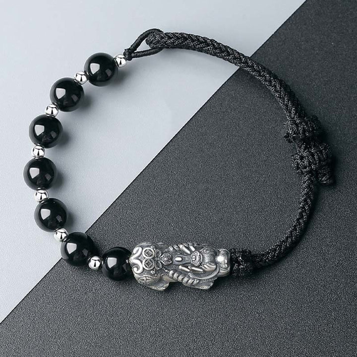 Buddha Stones 999 Sterling Silver FengShui PiXiu Natural Black Obsidian 925 Sterling Silver Bead Strength Bracelet - image 8
