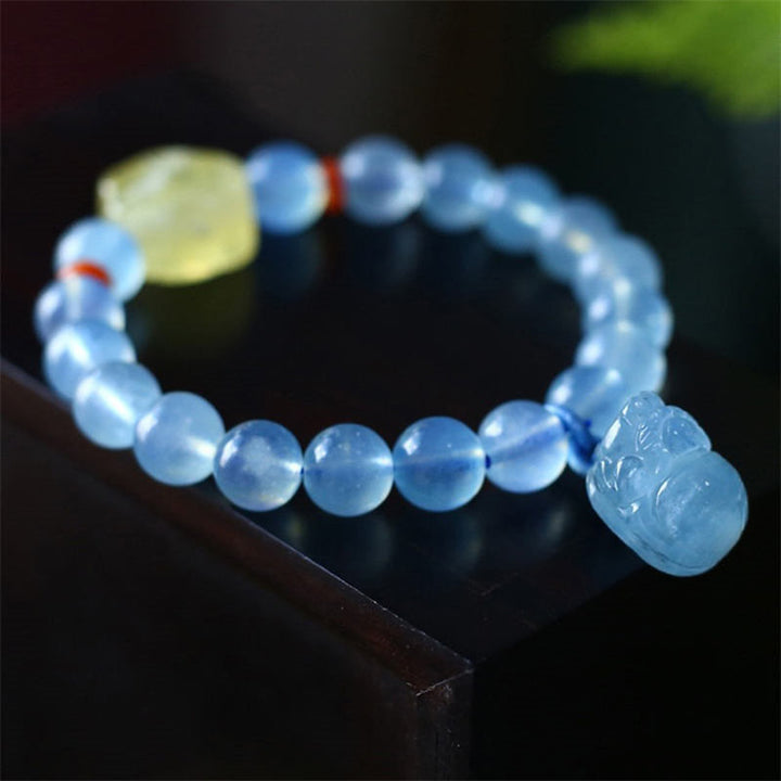 Natural Aquamarine Amber Pixiu Peace Healing Charm Bracelet - image 5