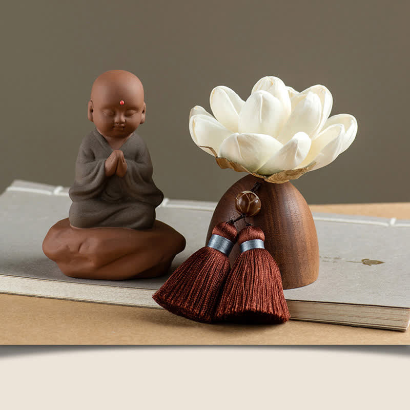 Black Peach Wood Buddha Flower Calm Cure Decorations - Praying Little Monk - image 16