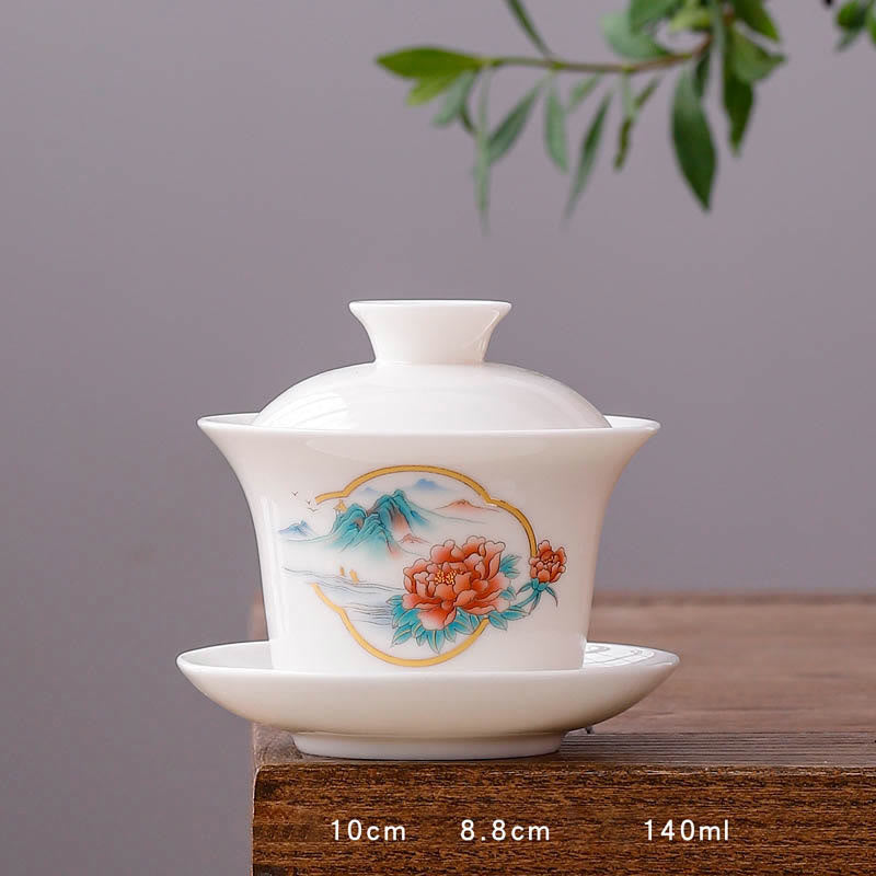 Buddha Stones White Porcelain Mountain Landscape Countryside Ceramic Gaiwan Teacup Kung Fu Tea Cup And Saucer With Lid