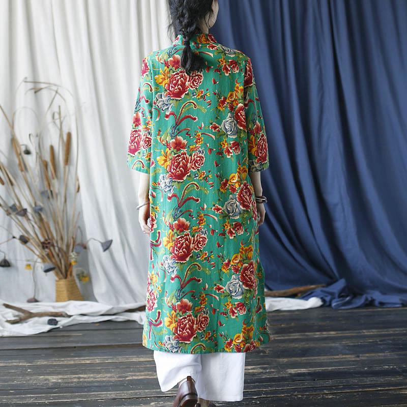 Buddha Stones Red Blue Peony Midi Dress Half Sleeve Cotton Linen Dress Wide Leg Pants With Pockets