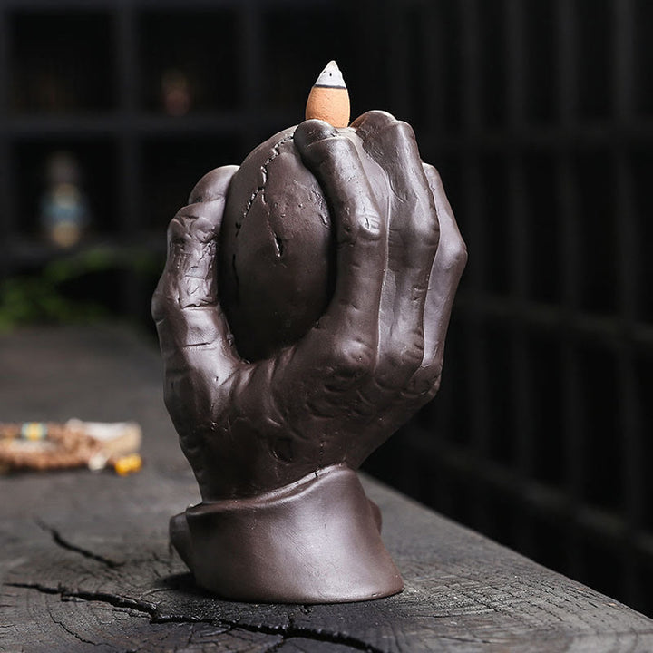 Buddha Stones Halloween Skull With Ghost Hand Purple Clay Spiritual Incense Burner Decoration - image 5