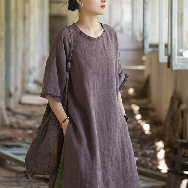 Buddha Stones Mid Length Dress Ramie Linen Half Sleeve Split Hem Top T-Shirt