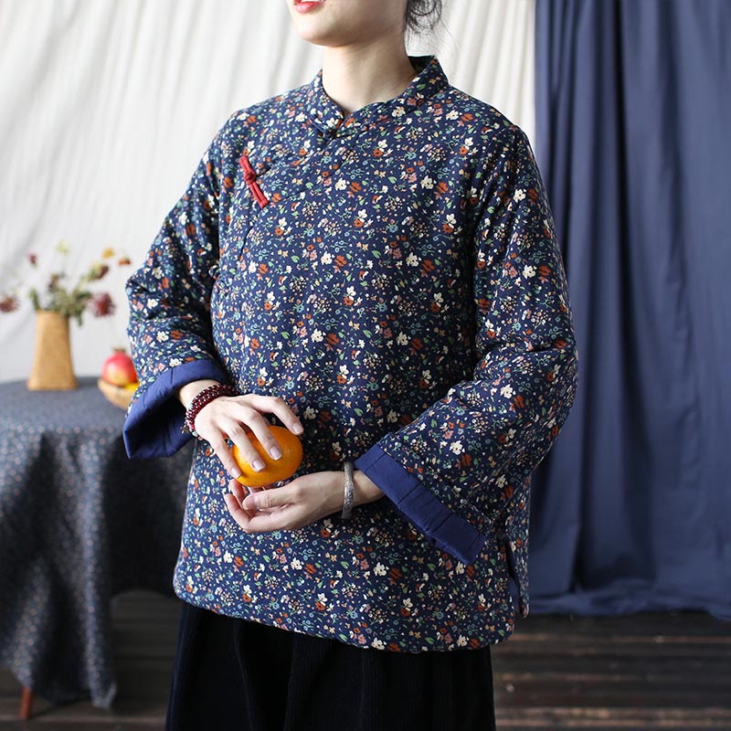 Buddha Stones Flowers Cotton Linen Jacket Shirt Chinese Northeast Style Winter Clothing